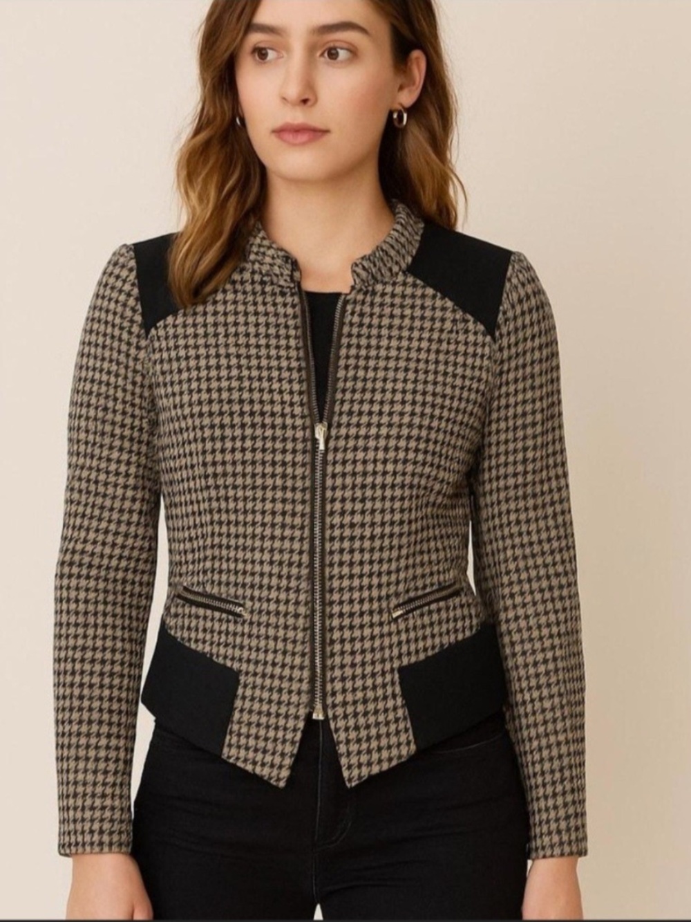 White House Black Market WHBM Zip Front Houndstooth Jacket Women’s Sz 10